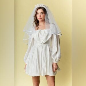 RARERAW bridal satin ivory pearl embellished bow smocked bubble sleeve dress